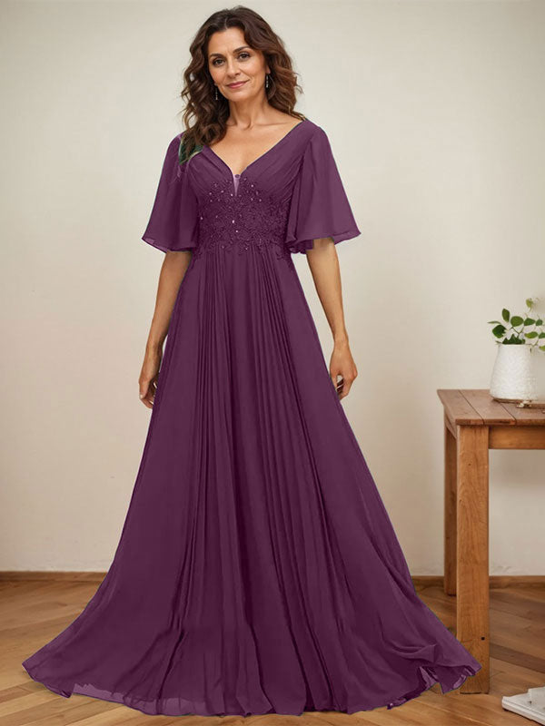 Vestido de gasa para madre de la novia, corte A, escote en V, largo hasta el suelo, con apliques de lentejuelas y encaje plisado