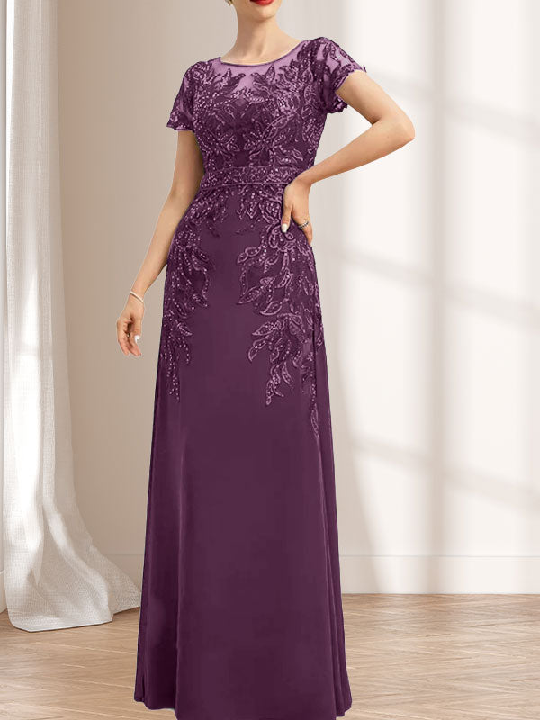 Vestido de madre de la novia de gasa con encaje, escote redondo, ilusión, largo hasta el suelo, con lentejuelas