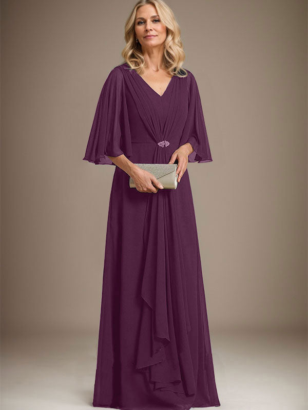 Vestido de gasa para madre de la novia, corte A, escote en V, largo hasta el suelo, con volantes en cascada y broche de cristal