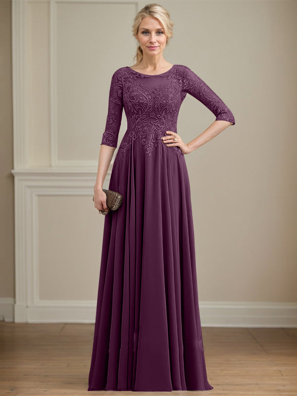 Vestido de gasa con encaje y lentejuelas para madre de la novia, corte A, escote ilusión, largo hasta el suelo