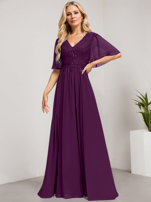 Vestido de madre de la novia de gasa con encaje, escote en V y lentejuelas, largo hasta el suelo