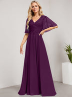 Vestido de madre de la novia de gasa con encaje, escote en V y lentejuelas, largo hasta el suelo