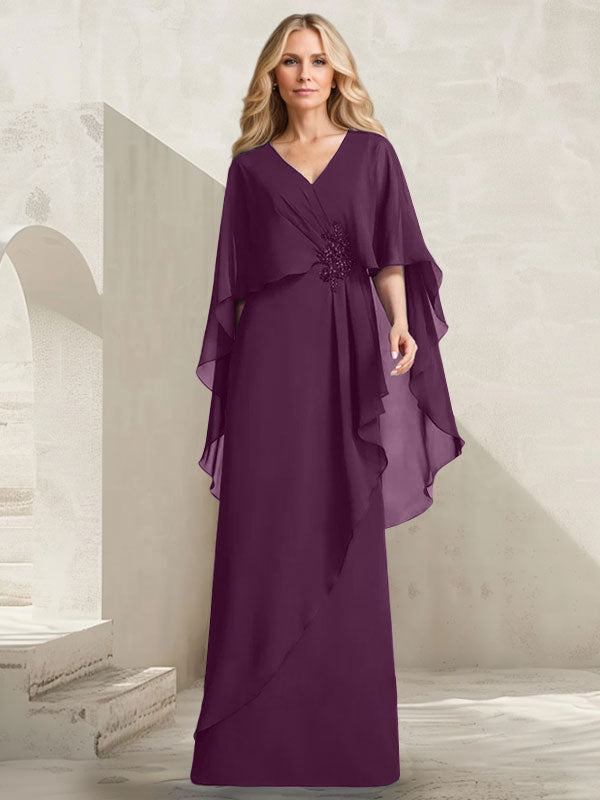 Vestido de gasa para madre de la novia con escote en V, corte A y largo hasta el suelo, con volantes en cascada y cuentas