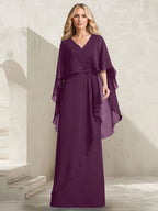 Vestido de gasa para madre de la novia con escote en V, corte A y largo hasta el suelo, con volantes en cascada y cuentas