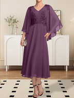 A-Linie V-Ausschnitt Wadenlanges Chiffon-Spitzenkleid für die Brautmutter mit Perlen und Pailletten