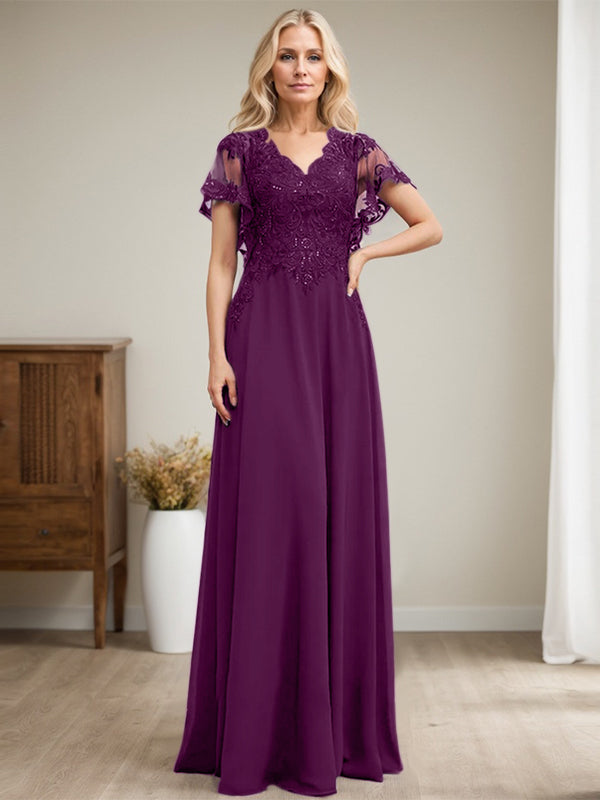 Vestido de madre de la novia de gasa con encaje, escote en V y lentejuelas, largo hasta el suelo