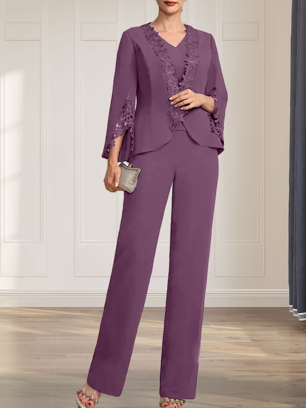 Vestido de gasa para madre de la novia, con escote en V y largo hasta el suelo, de mono/pantalón separado