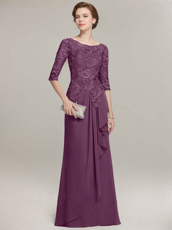 Vestido de gasa con encaje, corte A, escote ilusión, largo hasta el suelo, para madre de la novia con volantes en cascada