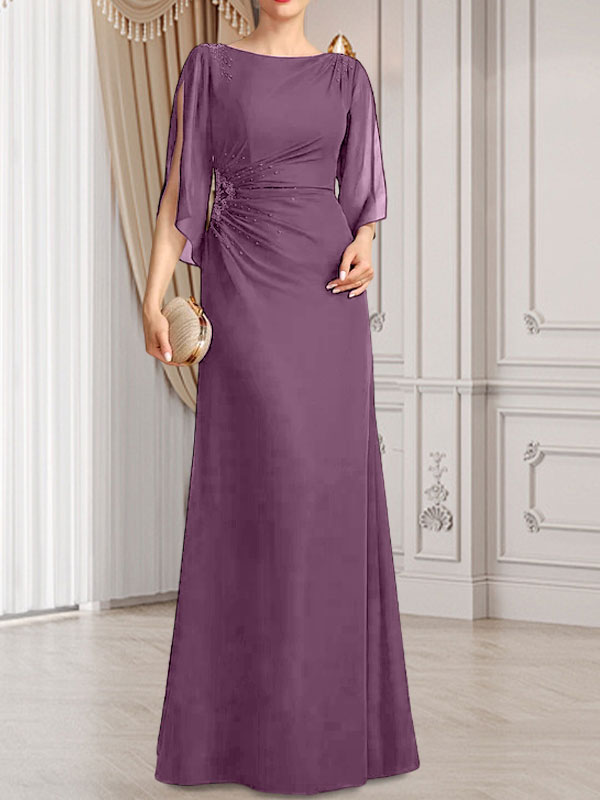 Vestido de gasa para madre de la novia con corte tubo/columna, escote redondo y largo hasta el suelo, con cuentas plisadas