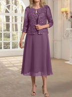 Vestido de gasa con encaje y lentejuelas para madre de la novia, corte A, escote redondo y largo hasta la rodilla