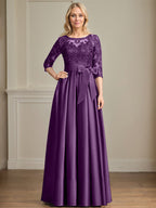 Vestido de madre de la novia de satén con encaje, corte A, escote ilusión, largo hasta el suelo, con lazo de lentejuelas