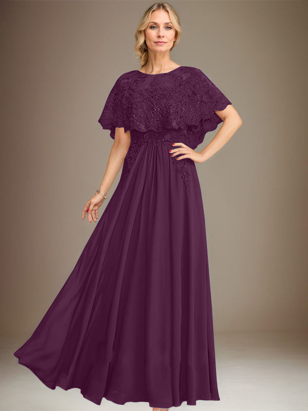 A-line Boat Neck Floor-Length Lace Chiffon Mother of the Bride Dress With Applique Sequins