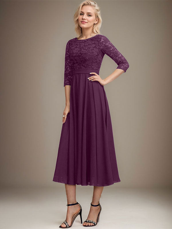 Vestido de gasa con encaje y lentejuelas para madre de la novia, corte A, escote redondo y largo hasta la rodilla