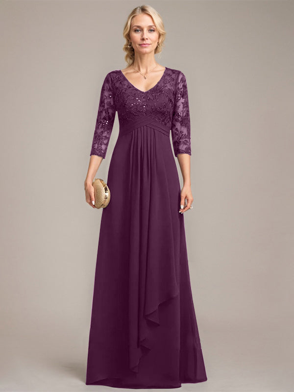 A-Linie V-Ausschnitt Bodenlanges Spitzen-Chiffon-Kleid für die Brautmutter mit kaskadierenden Rüschen und Pailletten 