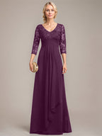 A-Linie V-Ausschnitt Bodenlanges Spitzen-Chiffon-Kleid für die Brautmutter mit kaskadierenden Rüschen und Pailletten 