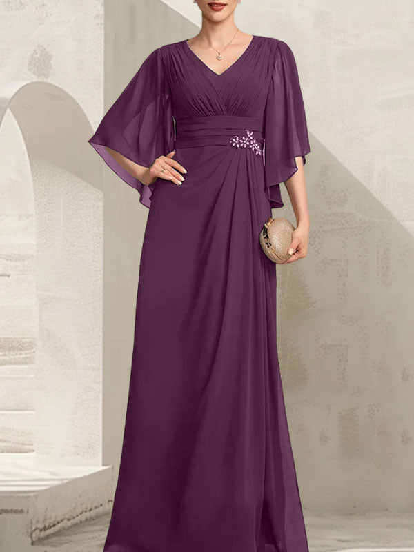 Etui-Linie/Säule V-Ausschnitt Bodenlang Chiffon Kleid für die Brautmutter mit Plissee Pailletten Perlenbesatz