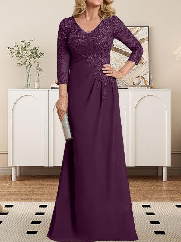 Vestido de madre de la novia de gasa con encaje, escote en V, ilusión, largo hasta el suelo, con lentejuelas plisadas