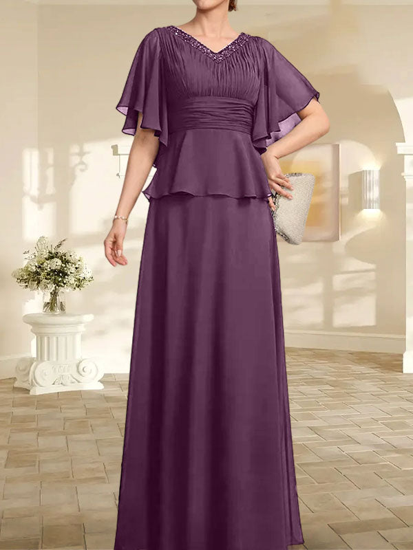 A-Linien-Kleid aus Chiffon mit V-Ausschnitt und bodenlangem Schnitt für die Brautmutter mit plissierten Perlen