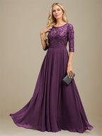 Vestido de madre de la novia de gasa con encaje, corte A, largo hasta el suelo y apliques de lentejuelas