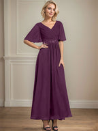 Vestido de gasa para madre de la novia con escote en V, largo hasta los tobillos, corte A y lentejuelas plisadas con cuentas