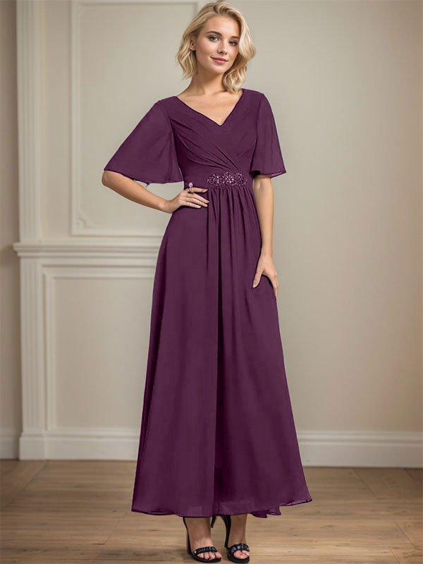 Vestido de gasa para madre de la novia con escote en V, largo hasta los tobillos, corte A y lentejuelas plisadas con cuentas