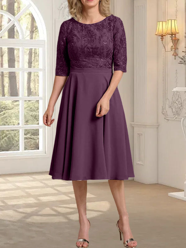 Vestido de gasa con encaje y escote redondo hasta la rodilla para madre de la novia
