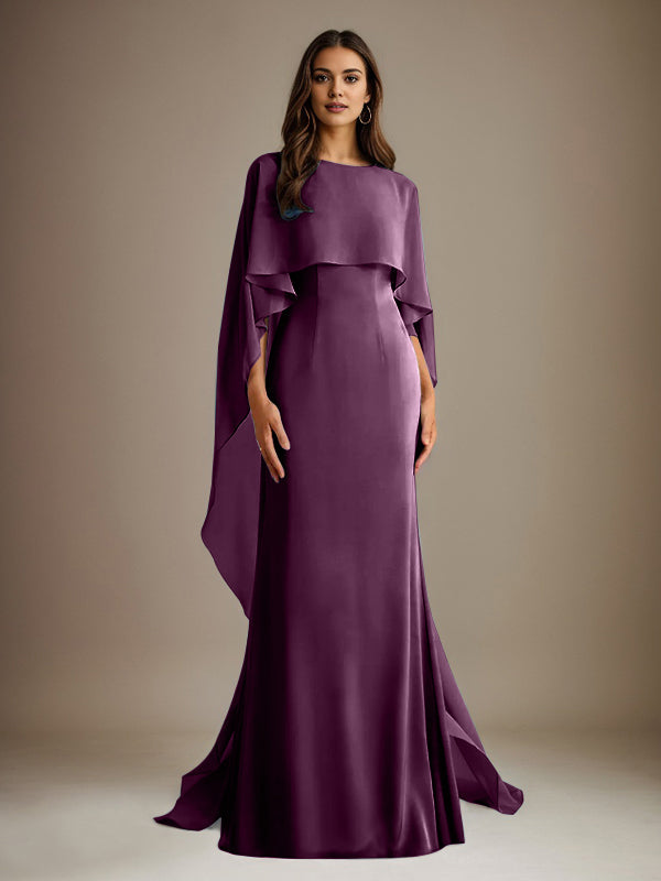 Vestido de gasa para madre de la novia, largo hasta el suelo, con escote barco y corte tubo/columna y volantes en cascada