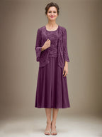 Vestido de gasa con encaje y lentejuelas para madre de la novia, corte A, escote redondo y largo hasta la rodilla