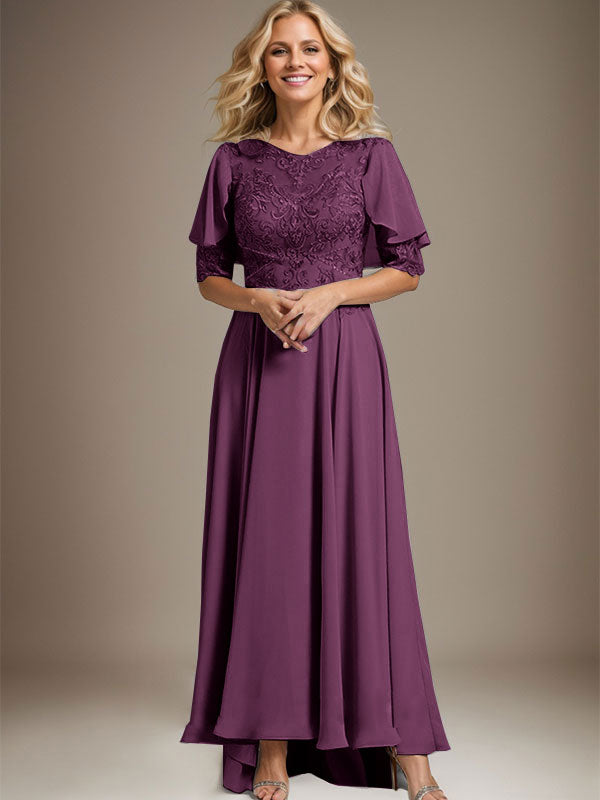 Vestido de madre de la novia de gasa asimétrica con encaje, ilusión, corte A y escote redondo con cuentas