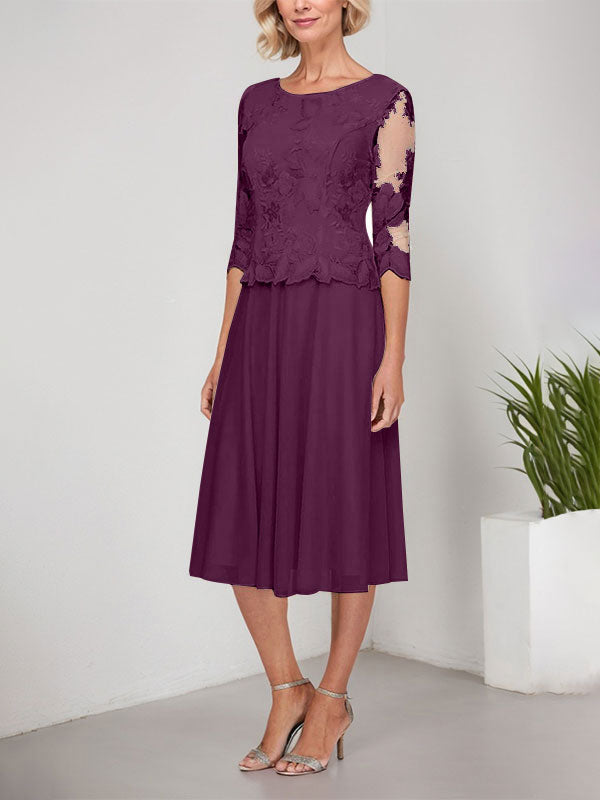 Vestido de gasa con encaje y bordado para madre de la novia, corte A, escote redondo y largo hasta la rodilla