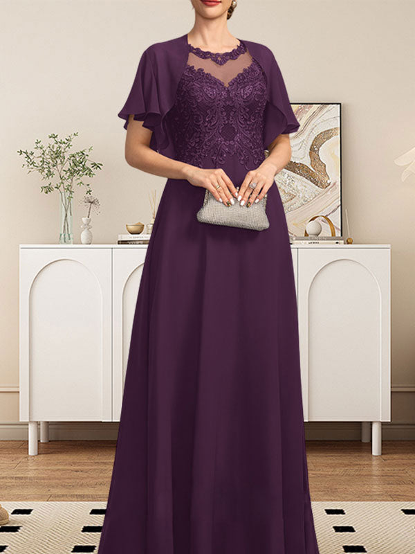 Vestido de gasa con encaje y lentejuelas para madre de la novia, corte A, escote ilusión, largo hasta el suelo