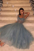 Vestido de fiesta de tul azul grisáceo con encaje hasta la rodilla PD444