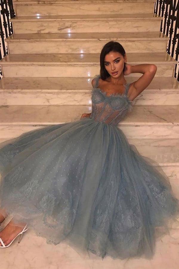 Vestido de fiesta de tul azul grisáceo con encaje hasta la rodilla PD444