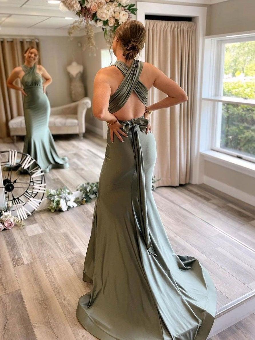 Vestido de dama de honor de satén gris verdoso con corte sirena y cola larga BD089