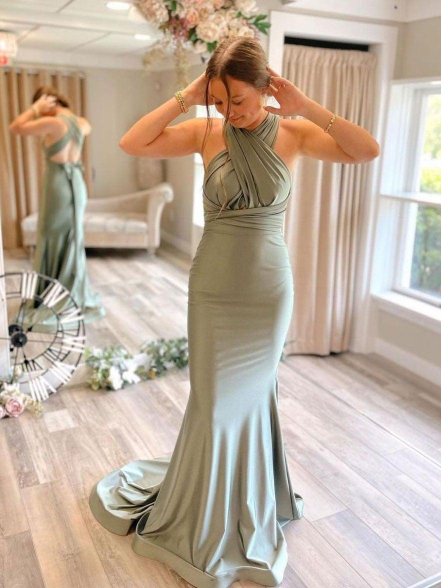 Vestido de dama de honor de satén gris verdoso con corte sirena y cola larga BD089