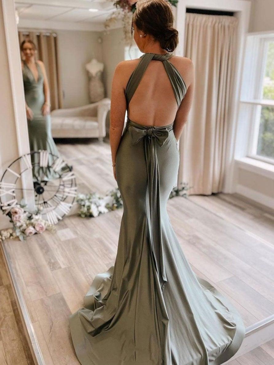 Vestido de dama de honor de satén gris verdoso con corte sirena y cola larga BD089