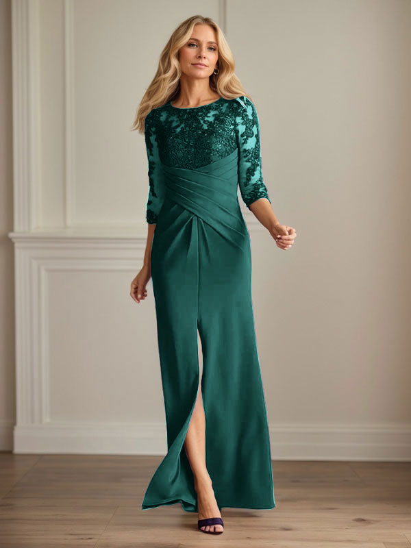 Vestido para madre de la novia de crepé elástico con encaje color ciruela