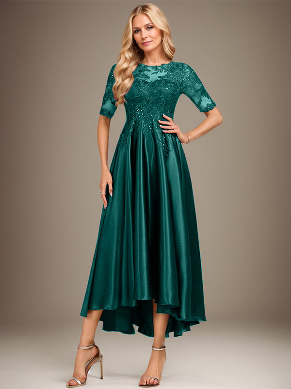 Vestido de madre de la novia de encaje satinado elástico asimétrico con ilusión de escote redondo y lentejuelas