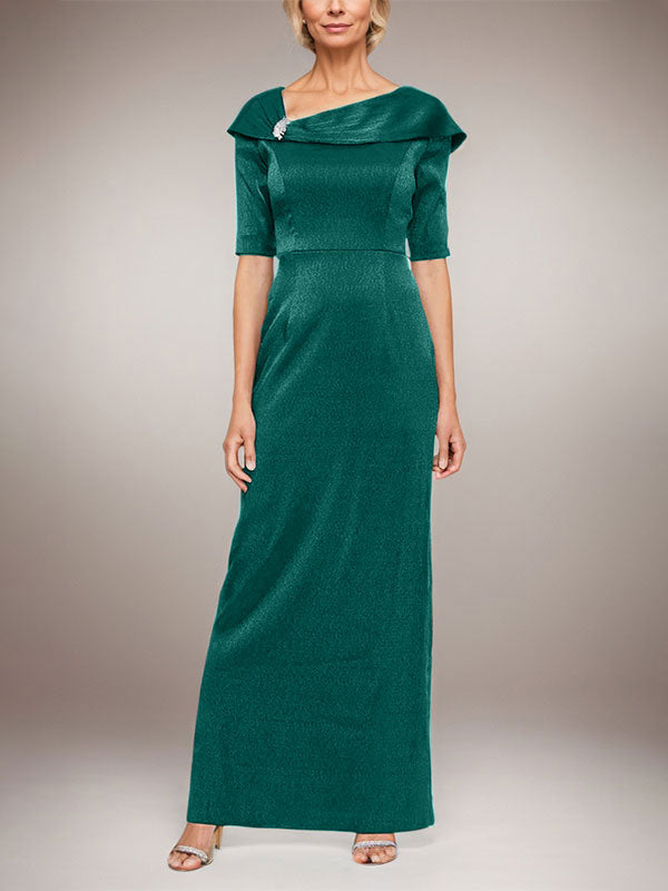 Vestido largo de columna brillante con puños doblados, escote en L y mangas hasta el codo