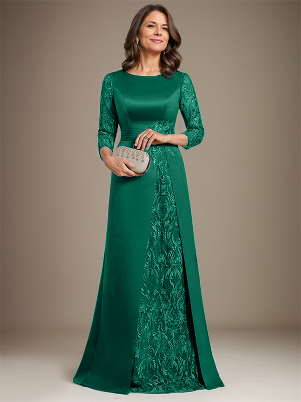 Vestido de madre de la novia de satén con encaje, corte A, largo hasta el suelo y apliques