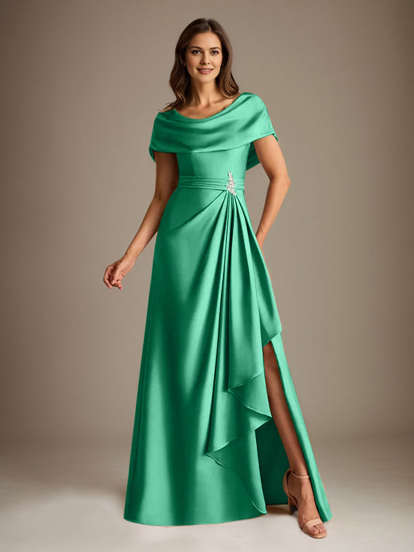 Vestido de madre de la novia de satén elástico, corte A, largo hasta el suelo, con escote redondo y volantes en cascada