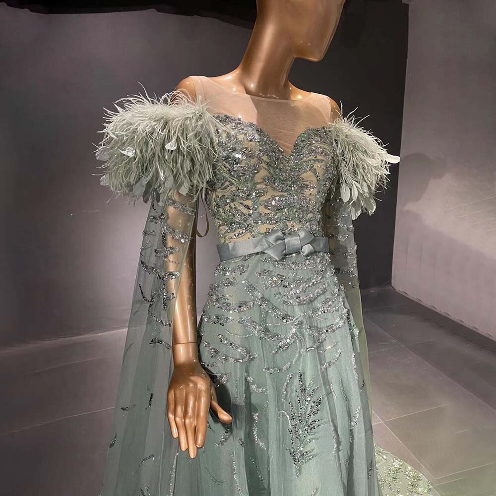 Grüne Capes Ärmel Luxus Abendkleider Kleider 2025 Perlen Feder Elegant Für Frauen Party LA71521 