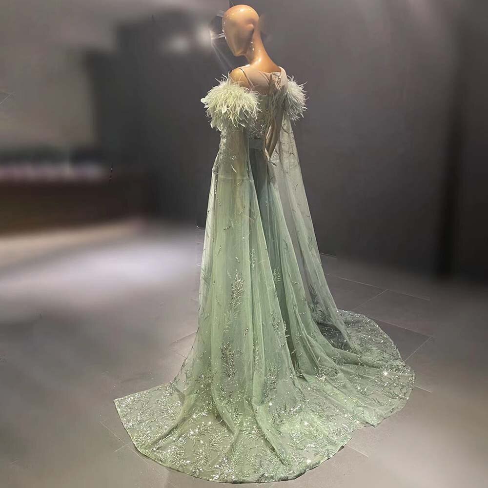 Grüne Capes Ärmel Luxus Abendkleider Kleider 2025 Perlen Feder Elegant Für Frauen Party LA71521 