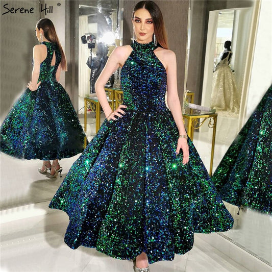 Grün O-Ausschnitt Sexy Luxus Knöchellangen Abendkleider 2025 Ärmellose Pailletten Sparkle Abendkleid HA2063 