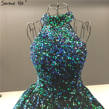 Grün O-Ausschnitt Sexy Luxus Knöchellangen Abendkleider 2025 Ärmellose Pailletten Sparkle Abendkleid HA2063 