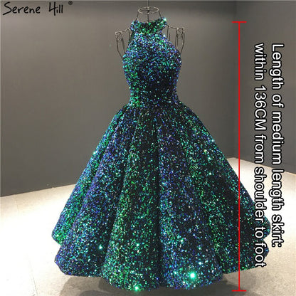 Grün O-Ausschnitt Sexy Luxus Knöchellangen Abendkleider 2025 Ärmellose Pailletten Sparkle Abendkleid HA2063 