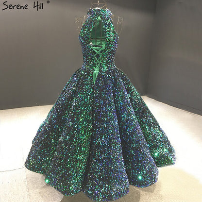 Grün O-Ausschnitt Sexy Luxus Knöchellangen Abendkleider 2025 Ärmellose Pailletten Sparkle Abendkleid HA2063 