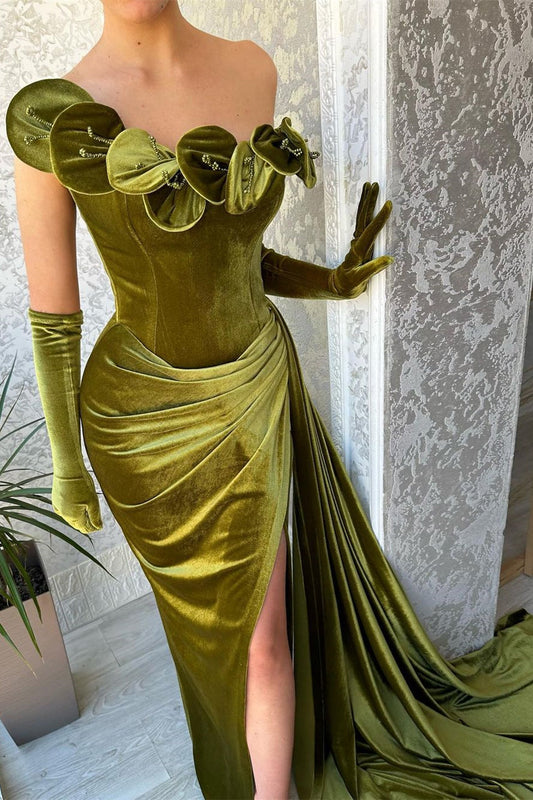 Grünes One-Shoulder-Trägerloses Rüschen-Ballkleid mit Schlitz