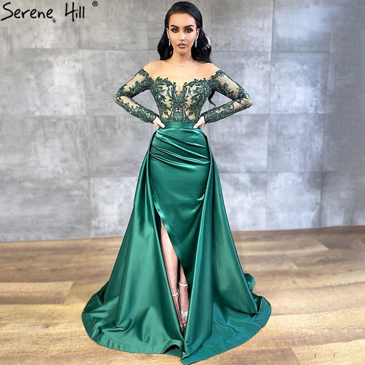 Grün Satin Abnehmbarer Rock Lange Ärmel Sexy Abendkleider 2025 Meerjungfrau Formales Kleid Design LA70343 