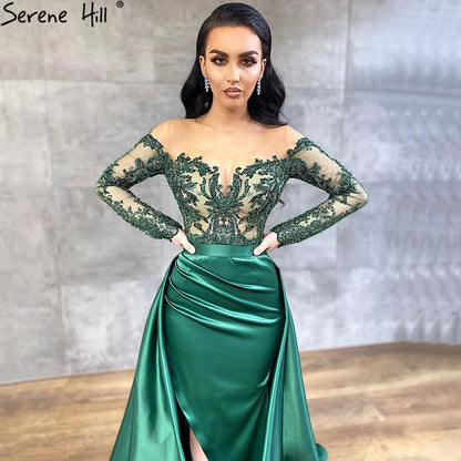 Grün Satin Abnehmbarer Rock Lange Ärmel Sexy Abendkleider 2025 Meerjungfrau Formales Kleid Design LA70343 